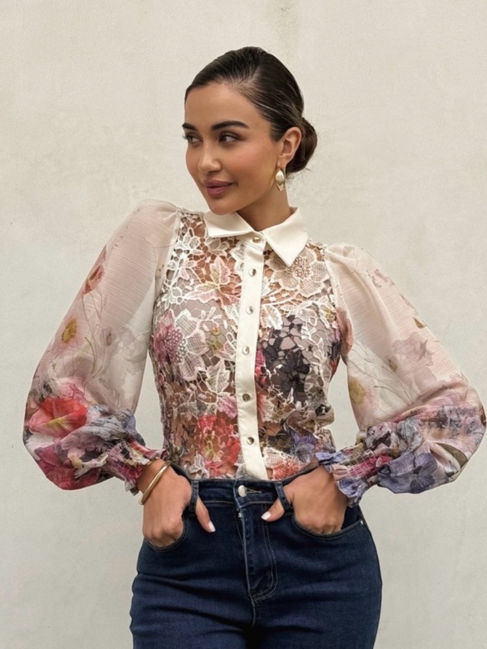 Floral Lace Button-Front Blouse with Sheer Balloon Sleeves - Cream Multi